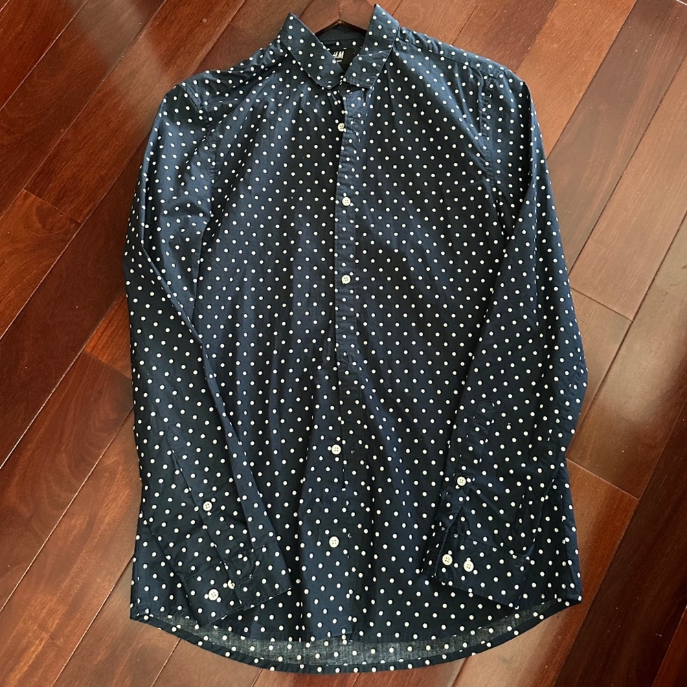 H&M Women's Cotton Navy White Polka Dot Long Sleeve ButtonUp Top Size S Slim EUC